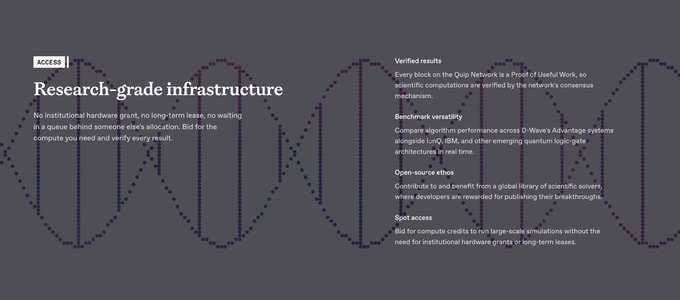 A dark-themed webpage section titled 'Research-grade infrastructure' detailing benefits including Verified results, Benchmark versatility, Open-source ethos, and Spot access on Quip Network, with a DNA-like graphic in the background.