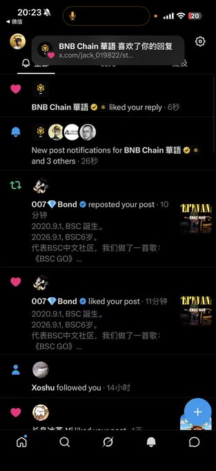 A mobile screenshot of X (Twitter) notifications in Chinese, showing that BNB Chain 華語, 007 Bond, and Xoshu have liked posts or followed the user.