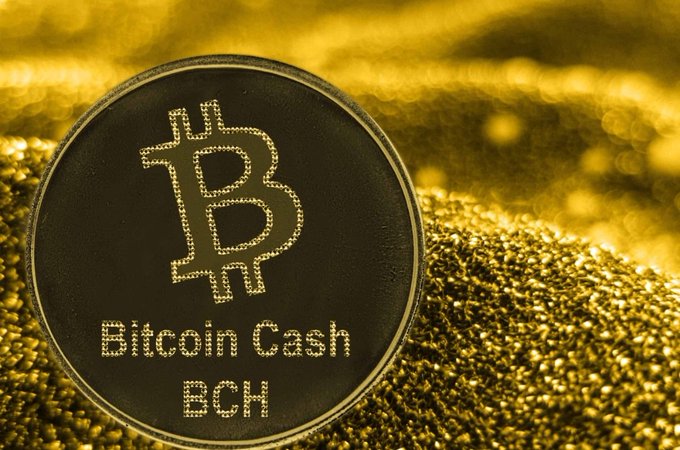 A close-up macro photograph of a physical Bitcoin Cash (BCH) coin featuring its logo, resting on a textured surface of gold-colored material.