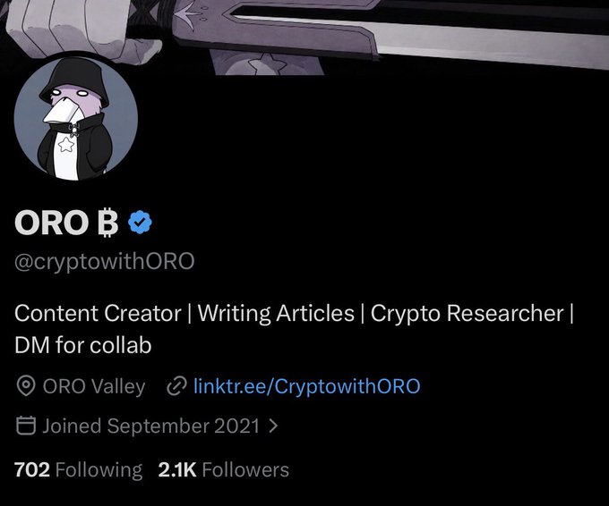 A Twitter profile for ORO (@cryptowithORO), a verified Content Creator and Crypto Researcher with 2.1K followers, based in ORO Valley and joined September 2021.