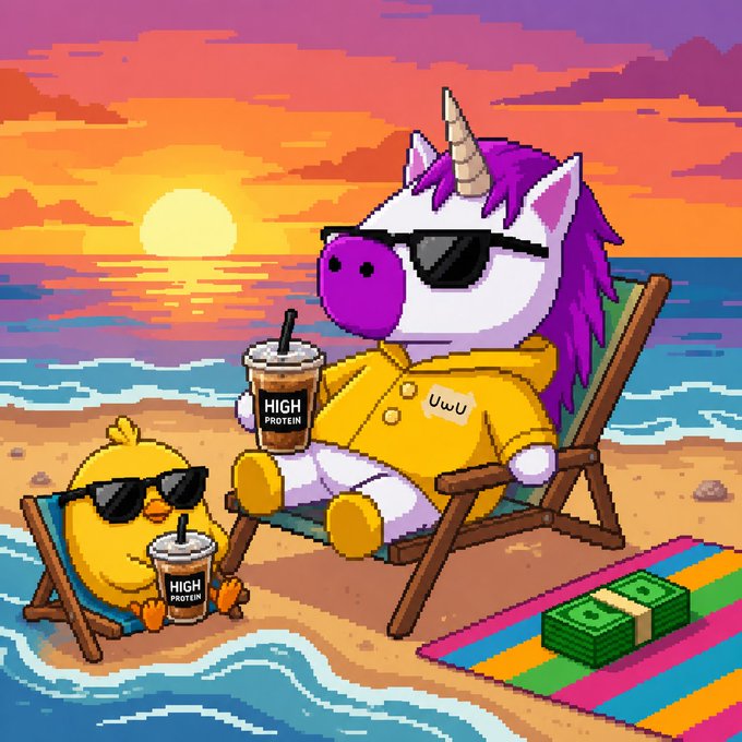 A pixel art illustration of a unicorn wearing sunglasses and a yellow hoodie with 'UwU' text sitting on a beach chair at sunset, alongside a small chick character both holding 'HIGH PROTEIN' drinks, with cash on a beach towel.