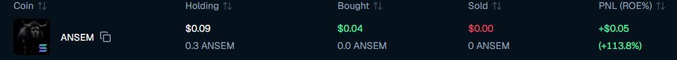 The image shows a cryptocurrency portfolio tracker displaying holdings of the meme coin "ANSEM," including a holding value of $0.09 (0.3 ANSEM), no buys or sells, and an unrealized profit of +$0.05 (113.8% ROE), which appears to illustrate a small speculative position the poster is taking as an "omnicat"-style crosschain liquidity play similar to the WIF dogwifhat narrative described in the post.