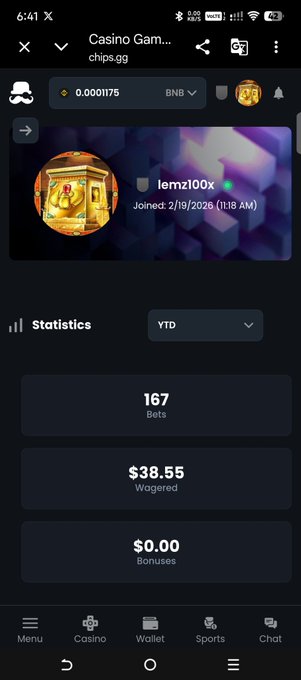 A screenshot from the chips.gg casino app displays a user profile 'lemz100x' who joined on 2/19/2026, showing YTD statistics with 167 bets, $38.55 wagered, and $0.00 bonuses.