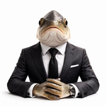 A surreal portrait of a person wearing a formal black suit and tie with a fish head instead of a human face.