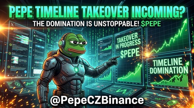 A promotional graphic showing an armored Pepe the Frog character pointing at financial charts displaying upward trends. The text reads 'PETE TIMELINE TAKEOVER INCOMING? THE DOMINATION IS UNSTOPPABLE! $PETE', 'TAKEOVER IN PROGRESS $PETE', 'TIMELINE DOMINATION', and '@PetelCZ Binance'.