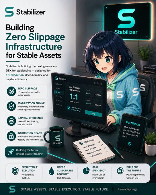 A promotional graphic for "Stabilizer" features an anime-style character and describes "Building Zero Slippage Infrastructure for Stable Assets" with features like 1:1 swaps and a stabilization engine.