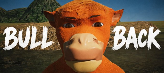 A promotional graphic featuring a 3D animated bull character with the text 'BULL BACK' displayed in white, brushstroke-style font on both sides.