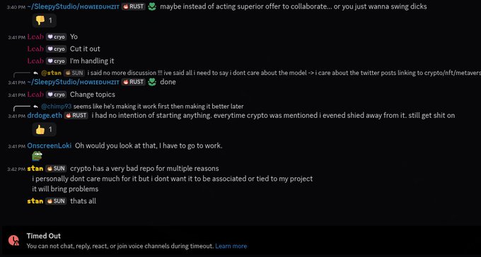 A Discord chat screenshot showing users discussing collaboration, with messages from 'SleepyStudio', 'Leah', 'drdoge.eth', 'OnscreenLoki', and 'stan', ending with a 'Timed Out' notification.