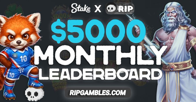 A promotional banner for a "Stake X RIP" $5,000 Monthly Leaderboard featuring a red panda mascot wearing a blue jersey and a muscular Zeus-like figure with a white toga and lightning bolt, advertising the $5,000 Monthly Leaderboard, Double Weekly promos, Monthly Lossback, and Instant Wager Rewards available by using code "RIP" at ripgambles.com.