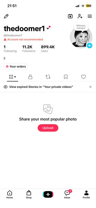 The image shows the TikTok profile for "thedoomer1" with the handle @thedoomer1, displaying 1 following, 11.2K followers, and 899.4K likes. It relates to the accompanying post by showing the creator's TikTok account where they will be producing content related to the "$DOOMER" character and blockchain.