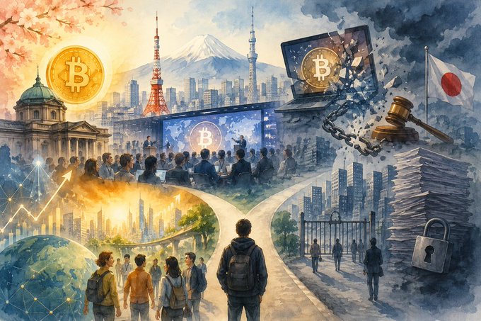 The image is a split-scene illustration contrasting Japan's past and present relationship with Bitcoin: the left side shows golden, hopeful imagery with Mt. Fuji, Tokyo Tower, and crowds gathered around a Bitcoin symbol, while the right side depicts a cracked laptop displaying Bitcoin alongside Japanese flags, broken chains, gavel, and padlocks—symbolizing the fall of Mt. Gox and Japan's regulatory crackdown on crypto. The central figure stands at a crossroads, embodying the pivotal choice facing Japan's crypto future.