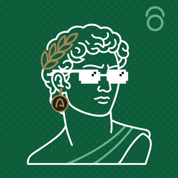 A minimalist line-art illustration of a figure with curly hair, a laurel wreath, pixelated 'deal with it' style sunglasses, and a dangling 'A' earring on a green dotted background.