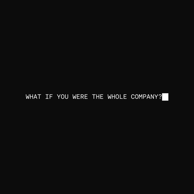The image features a black background with white pixelated text reading "WHAT IF YOU WERE THE WHOLE COMPANY?" followed by a cursor block. The minimalist, terminal-style design reflects the post's theme of AI agents and automation, with the provocative question emphasizing the transformative potential of agentic marketplaces like OKX's, where individual users or builders (like DAPPOS) could effectively operate as entire companies through agent-powered workflows.