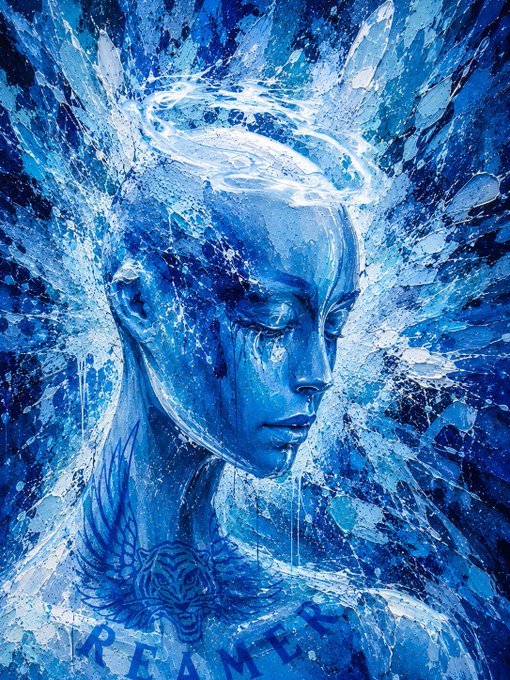 An artistic blue and white painted portrait of a figure with closed eyes and a halo, with water splashing around them and the word 'DREAMER' written at the bottom.