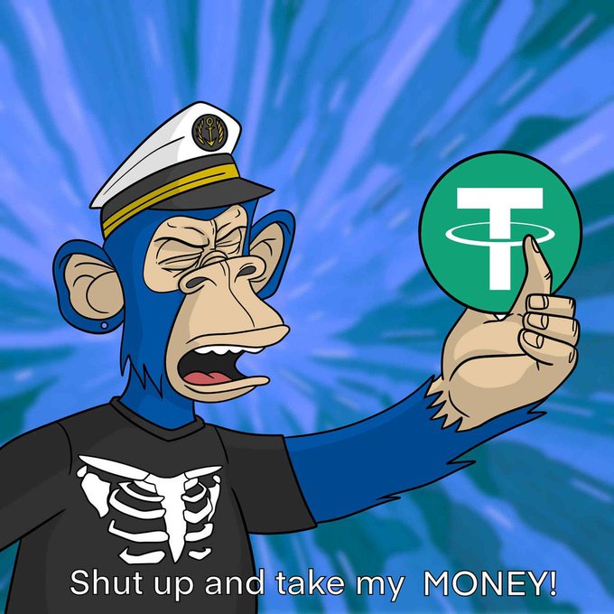 A cartoon monkey in a sailor hat and skeleton shirt holds up a Tether (USDT) logo with the caption "Shut up and take my MONEY!", visually emphasizing the urgency of the giveaway promotion.