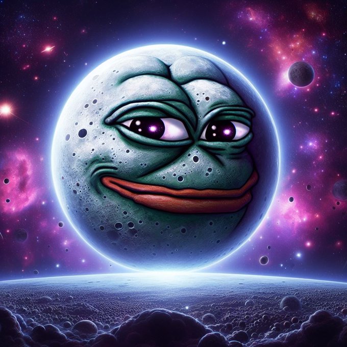 A stylized digital artwork of the 'Pepe the Frog' meme character merged with the moon, set against a vibrant purple and pink cosmic space background.