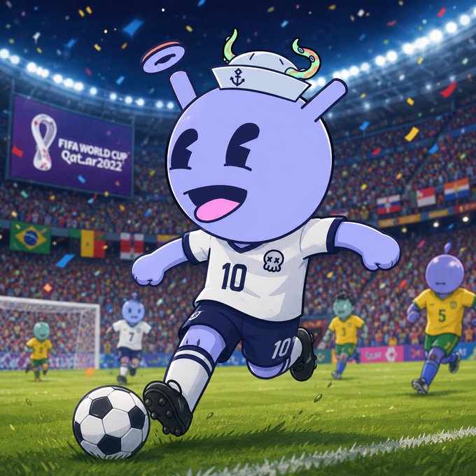 An AI-generated illustration of a purple cartoon character with a sailor hat wearing jersey number 10, playing soccer in a FIFA World Cup Qatar 2022 stadium.