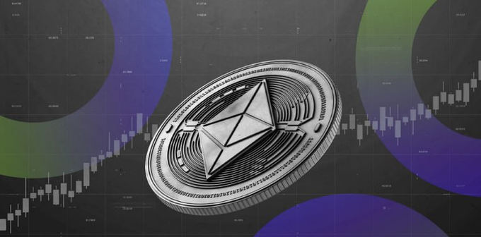 A shiny silver Ethereum coin with its distinctive diamond logo takes center stage against a dark background featuring purple and green circular shapes and candlestick charts, visually reinforcing the cryptocurrency's strong ETF performance.