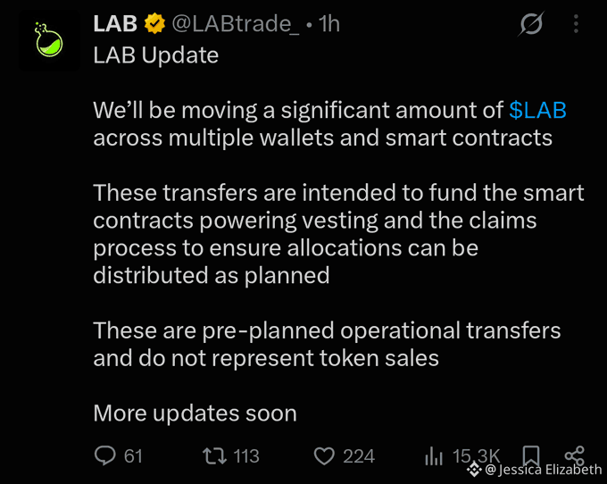 A Twitter/X post from LAB (@LABtrade_) announcing a 'LAB Update' about moving a significant amount of $LAB across wallets and smart contracts for vesting and claims, with 15.3K views.