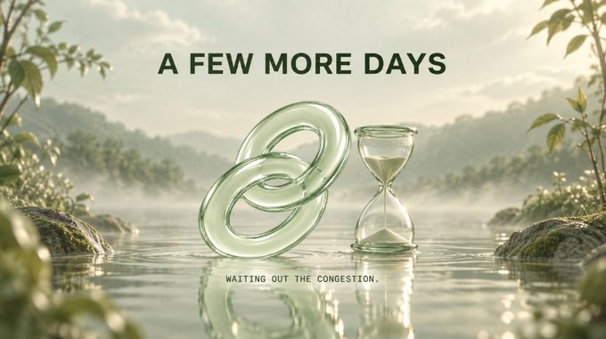 An advertisement with the text 'A FEW MORE DAYS - WAITING OUT THE CONGESTION' shows translucent infinity loops and an hourglass floating above a serene, misty lake at sunrise.