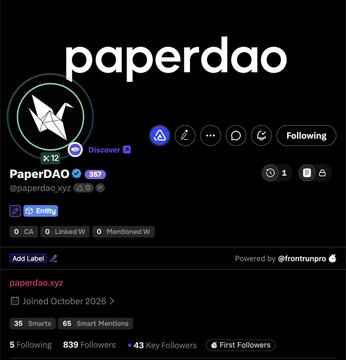 A profile page on paperdao.xyz shows the handle 'paperdao.xyz' with 839 Followers, 35 Smarts, and 65 Smart Mentions.