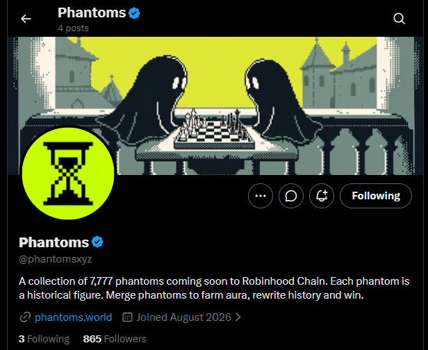 Twitter/X profile for 'Phantoms' (@phantomsxyz) featuring an hourglass logo, banner art of two ghosts playing chess, and bio: 'A collection of 7,777 phantoms coming soon to Robinhood Chain.'