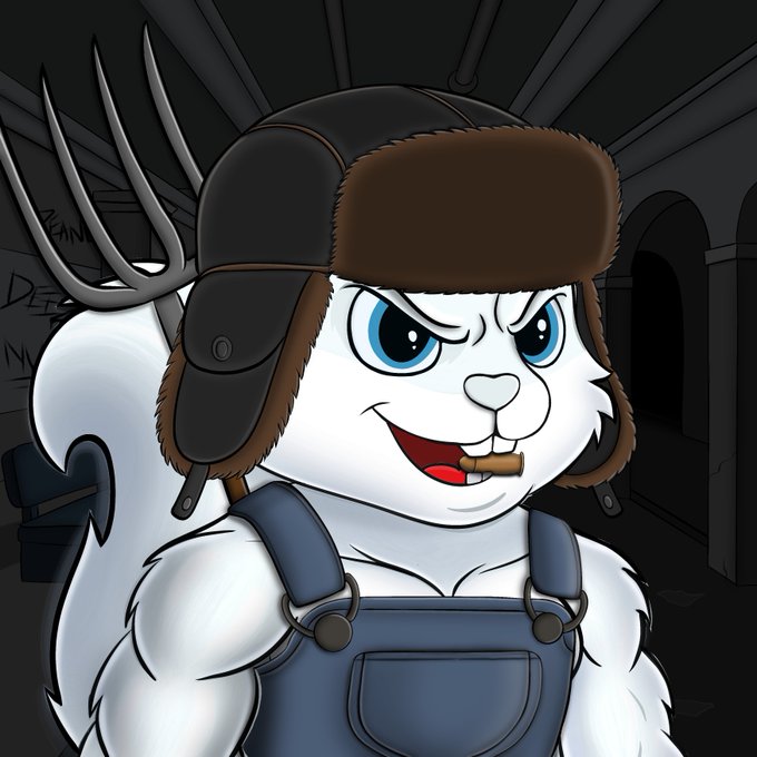 A digital illustration of a muscular anthropomorphic white cat wearing a brown trapper hat with ear flaps, denim overalls, and holding a pitchfork, with a cigar in its mouth.