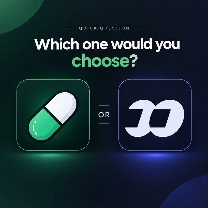 Social media poll graphic asking 'Which one would you choose?' between a green pill icon and a stylized 'D' infinity logo on dark background.