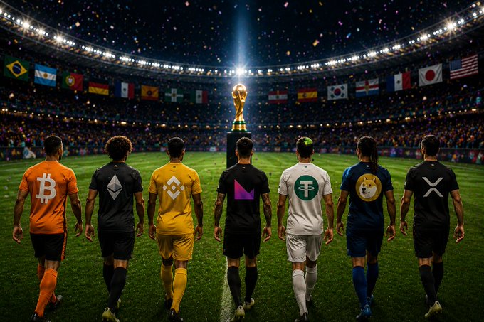 The image features a group of soccer players walking onto a field, each wearing their respective uniforms. The players are lined up in two rows, one at the front and another behind them. In the background, there's a large crowd watching the game, with various flags representing different countries visible. The scene is set against a dark sky, creating an atmosphere of anticipation and excitement for the soccer match about to take place.

The image also includes text that reads "Every champion starts with a strong lineup. Build your dream crypto team with assets from 40+ blockchains in Klever Wallet." This message seems to be related to the soccer players' formation or the concept of building a successful crypto team, as both require a strong foundation and diverse assets for success.
