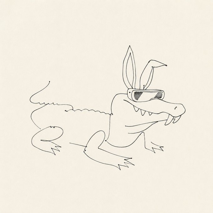 A minimalist line drawing of a crocodile or alligator wearing sunglasses, depicted in a sketchy, hand-drawn style on a cream background.
