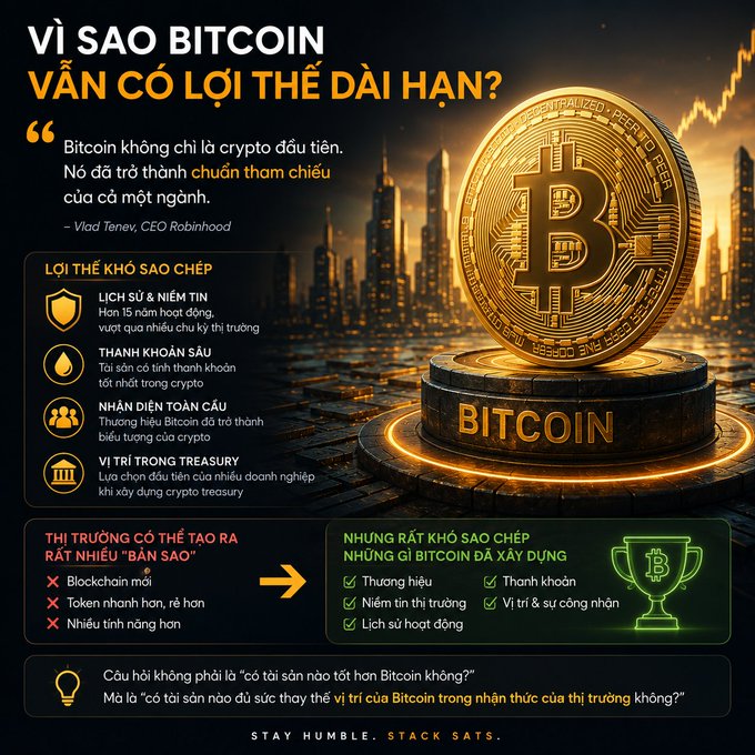 A Vietnamese-language Bitcoin infographic titled 'VÌ SAO BITCOIN VẪN CÓ LỢI THẾ DÀI HẠN?' featuring a gold Bitcoin coin, a Vlad Tenev (CEO Robinhood) quote, and sections detailing Bitcoin's competitive advantages.