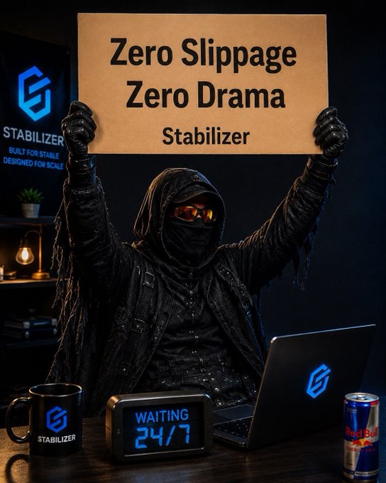 A hooded figure in black holding up a cardboard sign reading 'Zero Slippage Zero Drama Stabilizer' above a desk with a laptop, branded mug, and a digital clock displaying 'WAITING 24/7'.