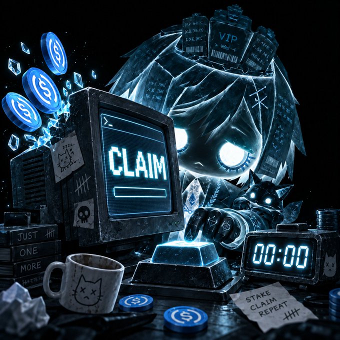 A shadowy figure with glowing eyes presses a glowing "CLAIM" button on an old monitor beside a digital timer reading "00:00," with stacks of "VIP" crates, "STAKE CLAIM REPEAT" notes, and floating USDC coins scattered around—visually echoing the post's call to stake at 6 PM UTC and earn USDC daily.