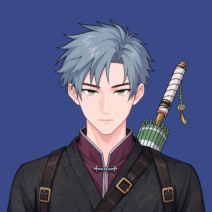 An anime-style character portrait of a young man with gray-blue spiky hair and green eyes, wearing a black traditional outfit with a sword and quiver of arrows on his back.