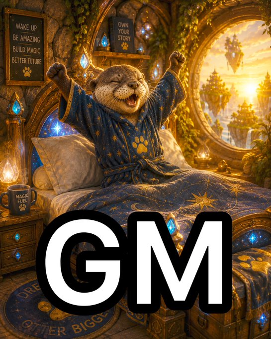 An illustration of a yawning otter wearing a starry blue robe, stretching its arms out while sitting in an ornate bed, with large white "GM" text at the bottom and signs reading "WAKE UP BE AMAZING BUILD MAGIC BETTER FUTURE" and "OWN YOUR STORY".