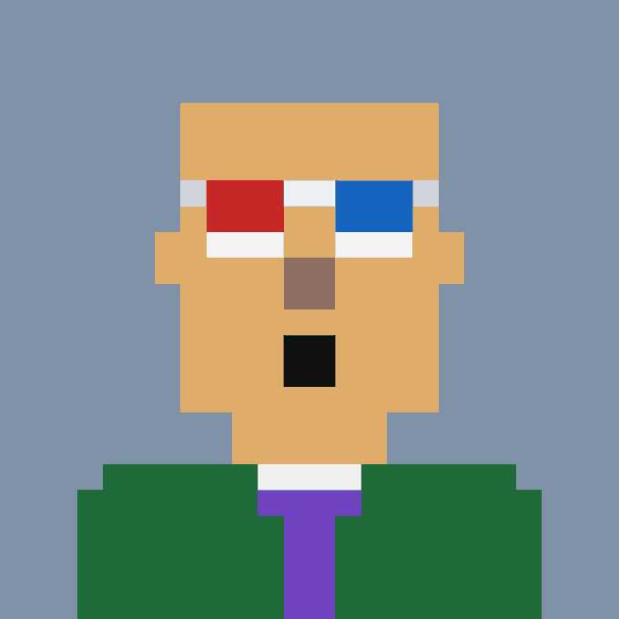 A simple pixel art character with mismatched red and blue eyes and a shocked expression wears a green shirt and purple tie against a gray background.