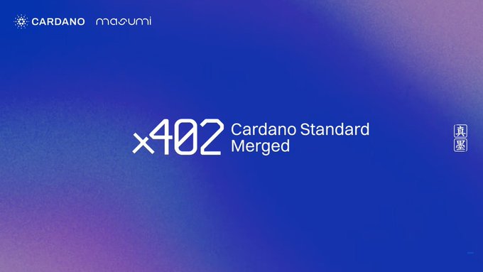 A purple gradient graphic displays the Cardano logo with the text 'CARDANO masumi', 'x402 Cardano Standard Merged', and Chinese characters '標準' on the right.