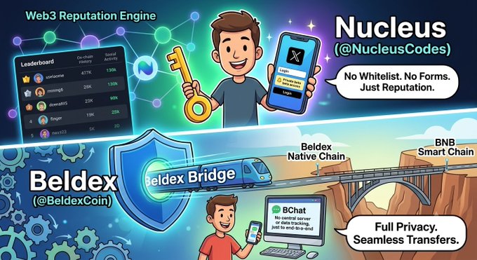 A promotional graphic showcasing 'Nucleus (@NucleusCodes)' with a Web3 Reputation Engine featuring a leaderboard, and 'Beldex (@BeldexCoin)' highlighting a 'Beldex Bridge' connecting Beldex Native Chain to BNB Smart Chain with BChat for private messaging.