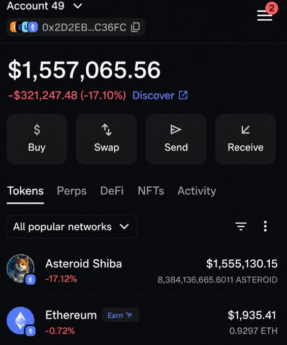 The image is a screenshot of an e-thereum trading app that shows various transactions, including the sale of Bitcoin at $1,500,000. A user named Asteroid Shiba has been selling Bitcoins for $1,500,000 throughout the week. The post indicates that the top Bitcoin holder currently holds +$1.5M worth of Bitcoin and is planning to hold onto it until a significant price increase occurs. Meanwhile, other users are waiting for Asteroid Shiba to panic and sell their Bitcoins at an increased price.