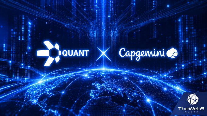 A blue-toned tech graphic showing a partnership between IQUANT and Capgemini, with TheWeb3 Agency logo in the corner.