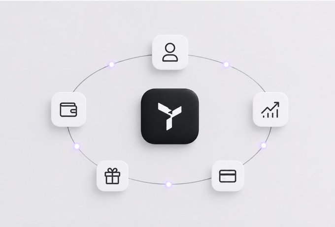 The image features a white background with five small black icons arranged around a central square, which has a "y" symbol at its center. The icons include a wallet icon, a gift icon, an online shopping icon, a social media icon, and a credit card icon. The text in the image reads "@useTria is betting on something different from most wallets which is user identity rather than blockchain identity Instead of rebuilding profiles balances and activity history across ecosystems everything feels tied to one persistent experience That sounds".