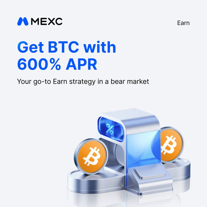 A MEXC Earn promotion featuring a 3D illustration of a blue machine dispensing Bitcoin coins with a percent symbol, advertising "Get BTC with 600% APR" as a savings strategy for bear markets. The image visually reinforces the post's message of earning BTC rewards from USDT deposits through MEXC Savings.