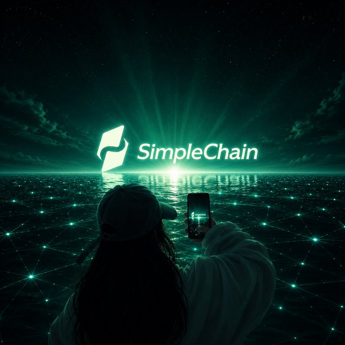 A silhouetted figure wearing a cap holds up a smartphone to capture a glowing teal "SimpleChain" logo that radiates light over a vast network grid stretching toward a luminous horizon. The image visually embodies the post's theme of standing at the threshold of a connected, technology-driven future, with the phone symbolizing both observation and participation in the SimpleChain network.