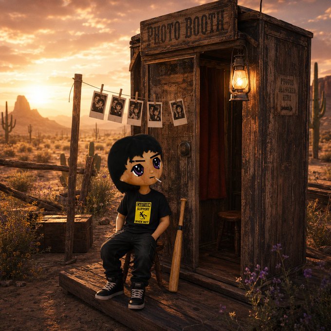 A stylized doll-like character with dark hair sits on a porch step in a desert landscape at sunset, next to a weathered wooden "PHOTO BOOTH" displaying polaroids and a "PHOTOS DELIVERED HERE" sign, holding a baseball bat.