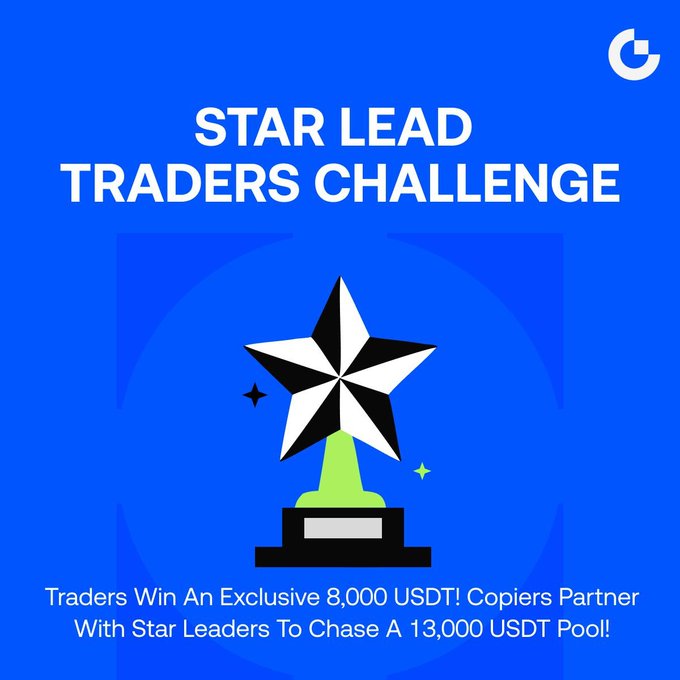 The image shows a promotional poster for the Star Trader Challenge. The main focus of the advertisement is a trophy featuring a star design with green edges. A banner in white text below the trophy announces that "Star Lead Traders Challenge" and describes the contest as an exclusive opportunity for traders to win an additional 8,000 USDT (U$DTM) per trader each week by collaborating with copiers to chase a pool of 13,000 USDT (US Dollar). In addition, traders can collaborate with Star Leaders to share profits among themselves. The text "Focus on what is in the image" appears at the bottom of the poster and "Trade leaders and copiers join forces" below the trophy's green edges.