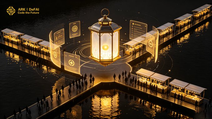 A glowing golden lantern floats above a crowd gathered on illuminated piers, with the "ARK | DeFAI" logo and tagline "Code the Future" displayed in the top left corner. The image visually represents the Arkie ecosystem as a beacon drawing people together, symbolizing how the platform serves as an entry point where users connect and grow through AI agents and expanding community utility.