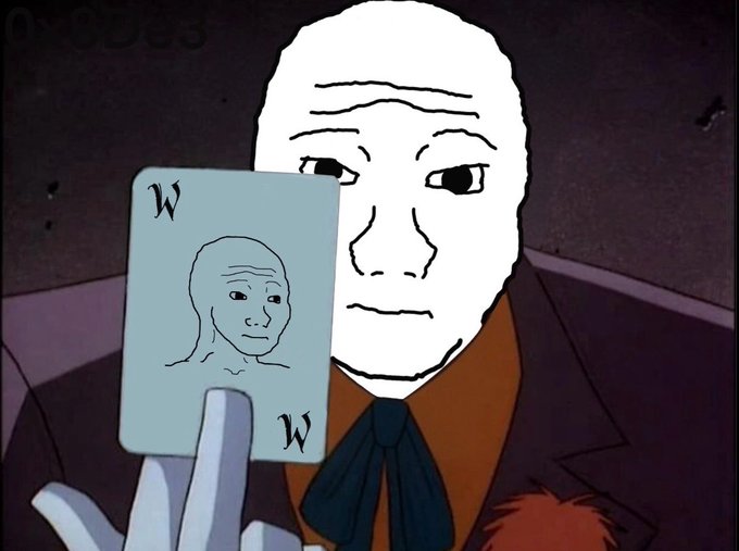 The image features a man holding up a card with a picture of a white face on it. The text on the card reads "WOJAK 10b+ loading...", which suggests that there might be an online game or activity related to the card's content.