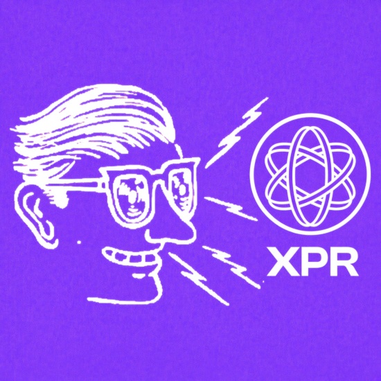 A purple background features a white cartoon illustration of a nerdy man with glasses and a smile, looking excitedly toward a circular logo labeled "XPR" with lightning bolts emanating between them, humorously capturing the poster's excitement over a potential 10-cent XPR price and the network's earning opportunities.