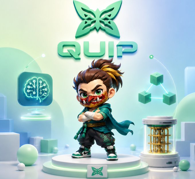 A stylized 3D character with a half-face mask stands on a pedestal beneath a green butterfly logo and the text 'QUIP', accompanied by floating blockchain and AI-themed icons.