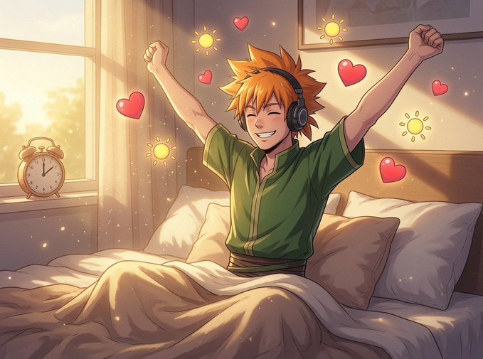 An anime-style illustration of a smiling boy with orange hair stretching his arms in bed, surrounded by floating hearts and sun symbols, with sunlight streaming through the window and an alarm clock on the sill.